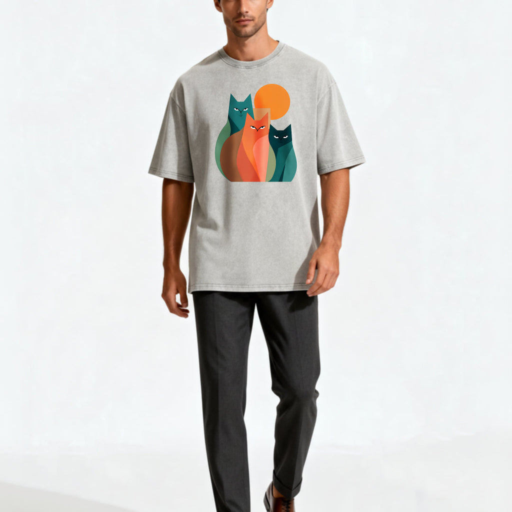 Vintage Abstract Cat Art Print Washed T-Shirt