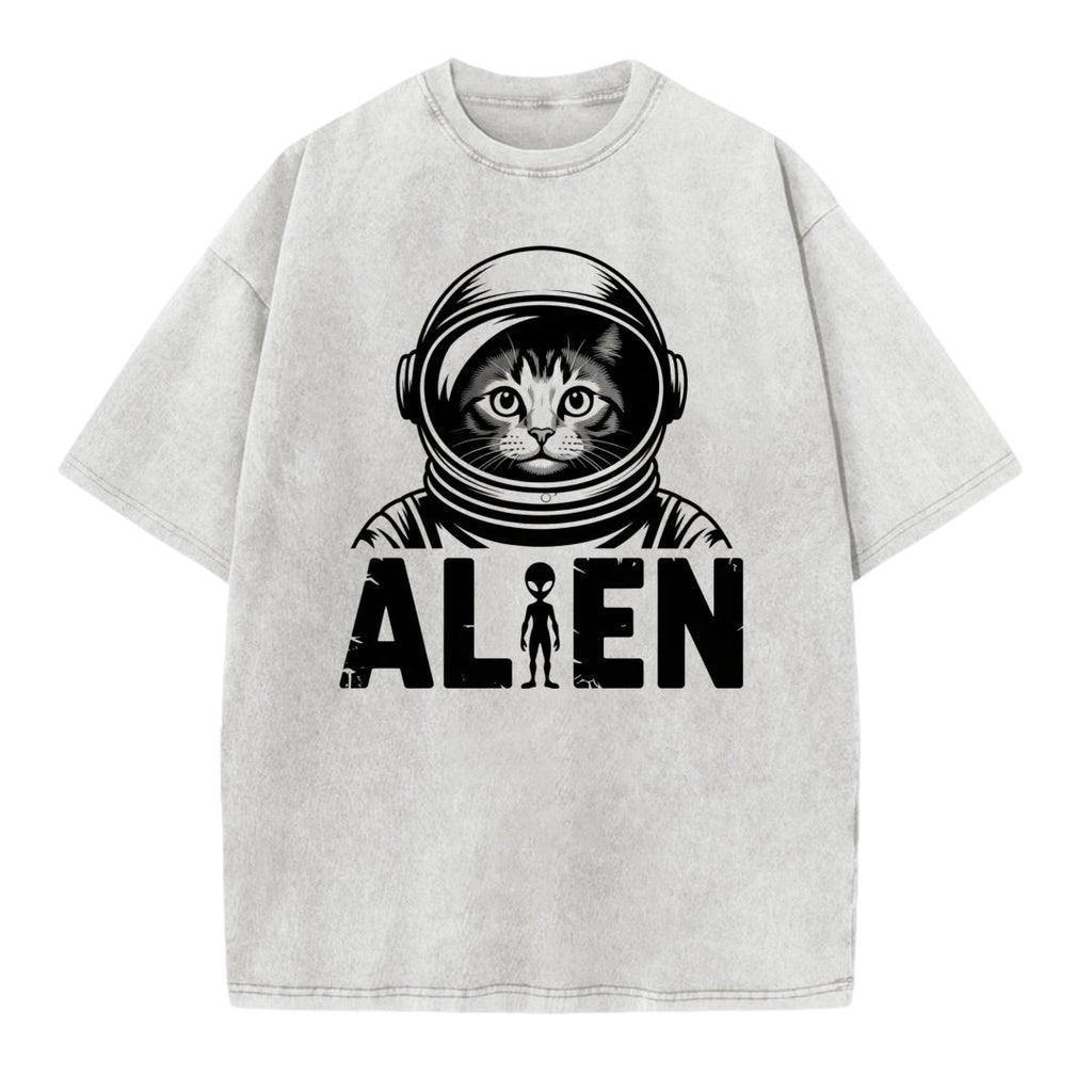 Vintage Space Cat Graphic Washed T-Shirt